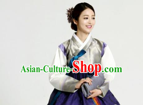 Korean Traditional Bride Garment Hanbok Grey Satin Blouse and Purple Dress Outfits Asian Korea Fashion Costume for Women