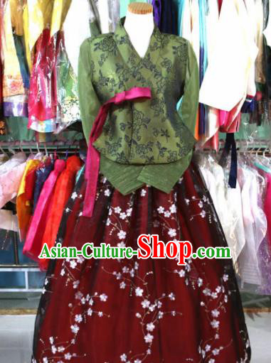 Korean Traditional Garment Bride Hanbok Olive Green Blouse and Dark Red Dress Outfits Asian Korea Fashion Costume for Women