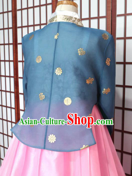 Korean Traditional Hanbok Blue Blouse and Pink Dress Outfits Asian Korea Fashion Costume for Women