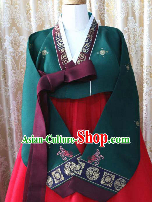 Korean Traditional Hanbok Deep Green Blouse and Red Dress Outfits Asian Korea Fashion Costume for Women