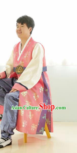 Korean Traditional Pink Silk Long Vest and Pants Hanbok Asian Korea Bridegroom Fashion Costume for Men