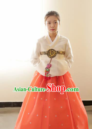 Korean Traditional Hanbok Garment White Blouse and Orange Dress Asian Korea Fashion Costume for Women