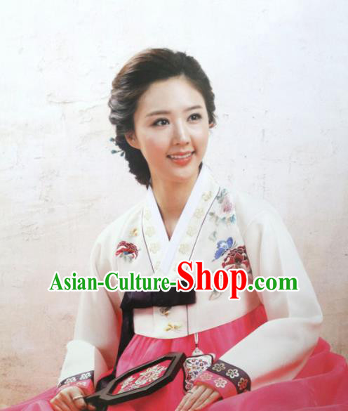Korean Traditional Mother Hanbok Garment Embroidered White Blouse and Pink Dress Asian Korea Fashion Costume for Women