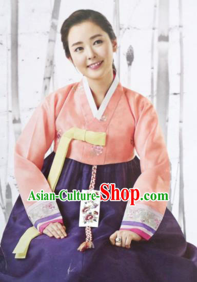 Korean Traditional Mother Hanbok Garment Pink Blouse and Purple Dress Asian Korea Fashion Costume for Women