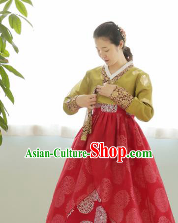 Korean Traditional Court Hanbok Garment Ginger Blouse and Red Dress Asian Korea Fashion Costume for Women