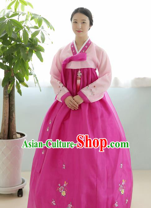 Korean Traditional Court Hanbok Garment Pink Blouse and Rosy Dress Asian Korea Fashion Costume for Women
