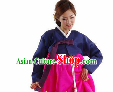 Korean Traditional Bride Mother Hanbok Garment Navy Blouse and Rosy Dress Asian Korea Fashion Costume for Women