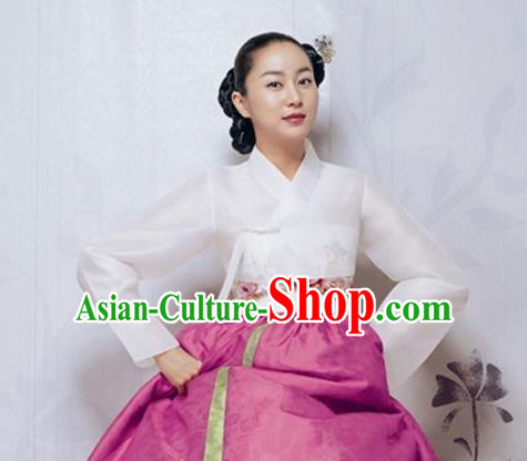 Korean Traditional Bride Hanbok White Blouse and Rosy Dress Garment Asian Korea Fashion Costume for Women
