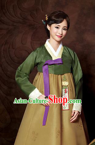 Korean Traditional Bride Mother Hanbok Green Blouse and Ginger Dress Garment Asian Korea Fashion Costume for Women