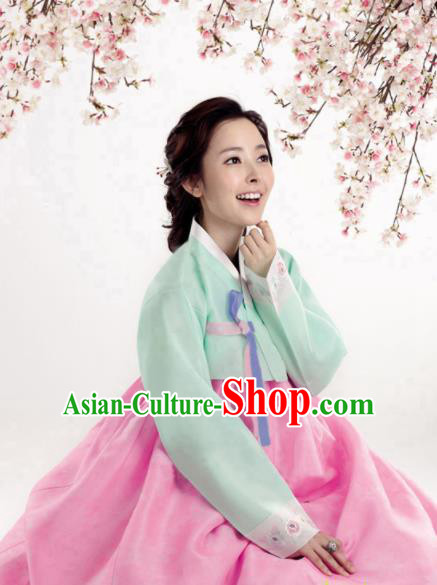 Korean Traditional Bride Hanbok Green Blouse and Pink Dress Garment Asian Korea Fashion Costume for Women
