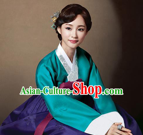Korean Traditional Bride Court Hanbok Deep Green Blouse and Purple Dress Garment Asian Korea Fashion Costume for Women