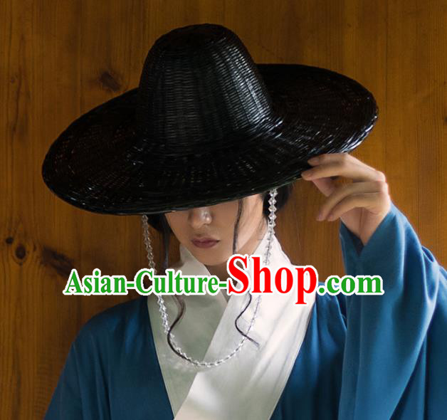 Chinese Traditional Ming Dynasty Swordsman Black Bamboo Hat Ancient Imperial Bodyguard Headdress for Men