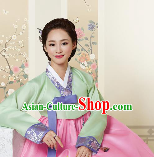 Korean Traditional Bride Court Hanbok Light Green Blouse and Pink Dress Garment Asian Korea Fashion Costume for Women