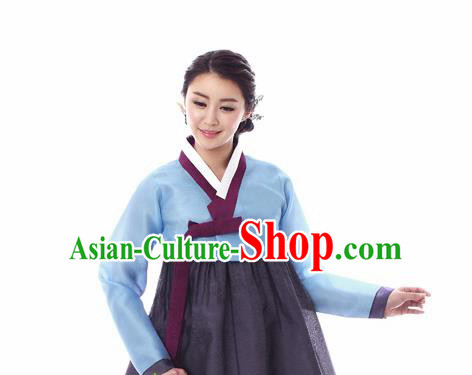 Korean Traditional Bride Court Hanbok Blue Blouse and Deep Grey Dress Garment Asian Korea Fashion Costume for Women