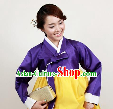 Korean Traditional Bride Mother Hanbok Purple Satin Blouse and Yellow Dress Garment Asian Korea Fashion Costume for Women