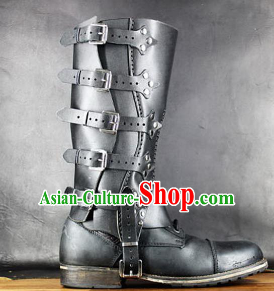 Western Middle Ages Black Leather Boots European Traditional Knight Shoes for Men