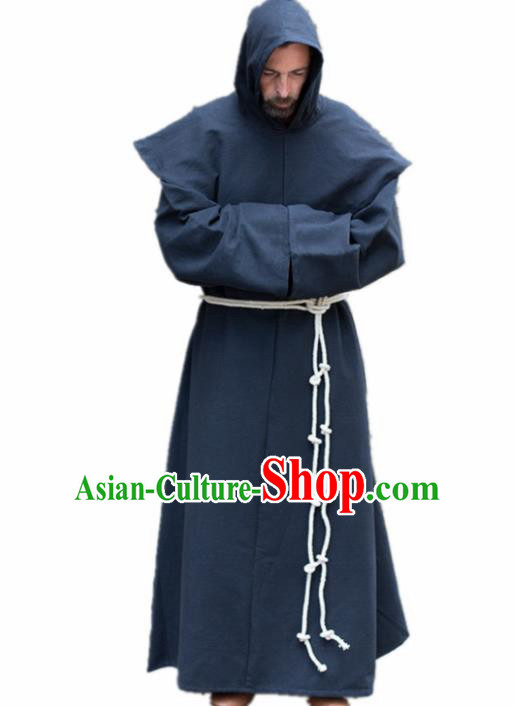Western Halloween Middle Ages Drama Missionary Deep Blue Robe European Traditional Churchman Costume for Men