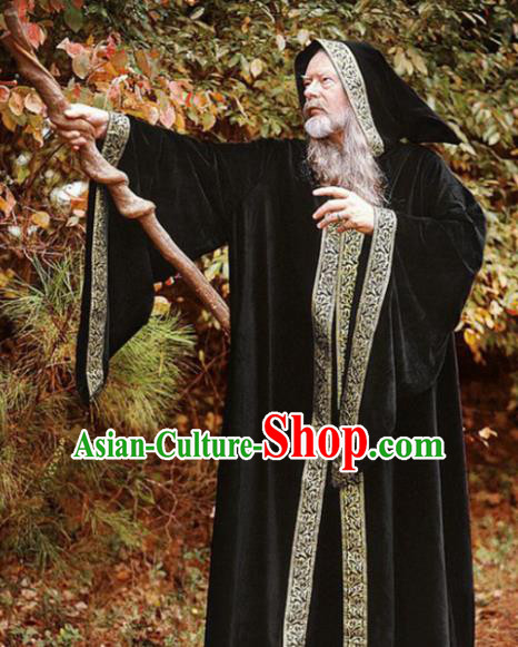 Western Halloween Middle Ages Cosplay Wizard Black Coat European Traditional Witcher Costume for Men