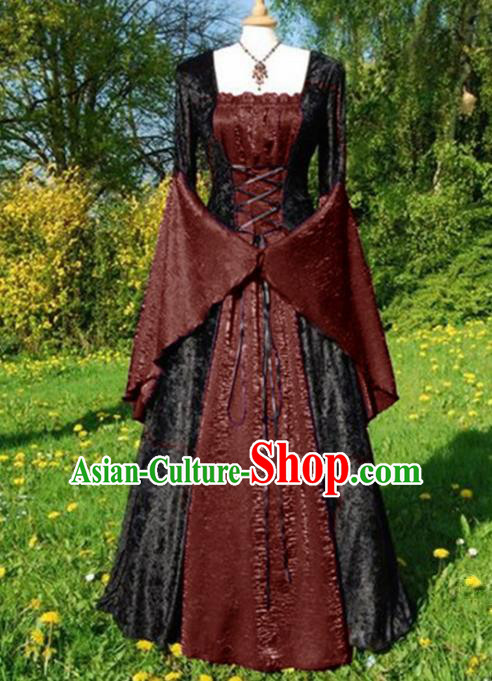 Western Halloween Middle Ages Cosplay Queen Rust Red Dress European Traditional Court Costume for Women
