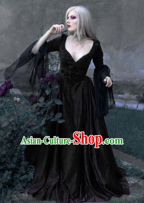 Western Halloween Cosplay Queen Black Dress European Traditional Middle Ages Court Costume for Women