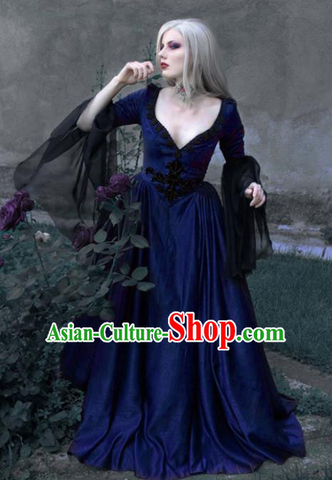 Western Halloween Cosplay Queen Blue Dress European Traditional Middle Ages Court Costume for Women