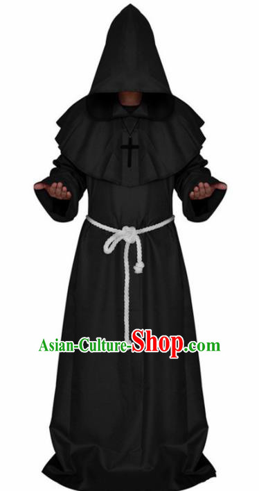 Western Halloween Middle Ages Cosplay Churchman Black Robe European Traditional Missionary Costume for Men