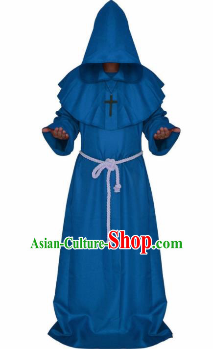 Western Halloween Middle Ages Cosplay Churchman Blue Robe European Traditional Missionary Costume for Men