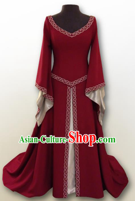 Western Halloween Renaissance Cosplay Queen Wine Red Dress European Traditional Middle Ages Court Costume for Women