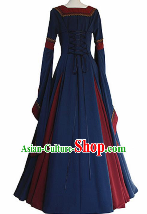 Western Halloween Renaissance Cosplay Queen Deep Blue Dress European Traditional Middle Ages Court Costume for Women