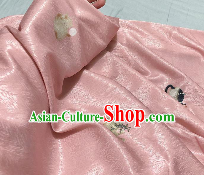 Asian Chinese Classical Cat Pattern Design Pink Silk Fabric Traditional Hanfu Brocade Material