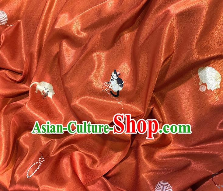 Asian Chinese Classical Cat Pattern Design Garnet Silk Fabric Traditional Hanfu Brocade Material