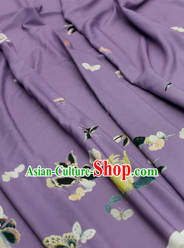 Asian Chinese Classical Printing Butterfly Pattern Design Purple Silk Fabric Traditional Hanfu Brocade Material