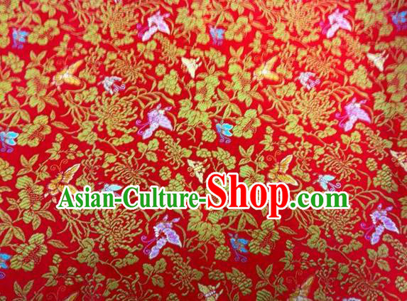Asian Chinese Classical Butterfly Chrysanthemum Pattern Design Red Silk Fabric Traditional Nanjing Brocade Material