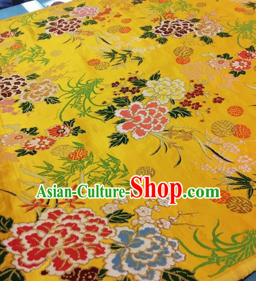 Asian Chinese Classical Peony Orchid Plum Pattern Design Golden Silk Fabric Traditional Nanjing Brocade Material
