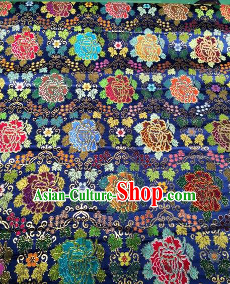 Asian Chinese Classical Peony Pattern Design Royalblue Silk Fabric Traditional Nanjing Brocade Material