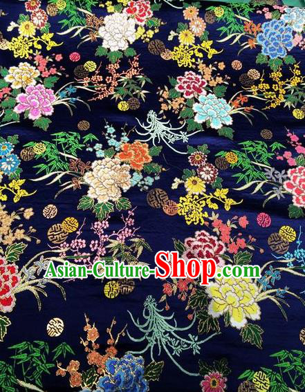 Asian Chinese Classical Peony Plum Orchid Pattern Design Navy Silk Fabric Traditional Nanjing Brocade Material