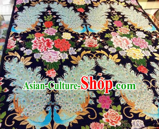 Asian Chinese Classical Peacock Peony Pattern Design Black Silk Fabric Traditional Nanjing Brocade Material