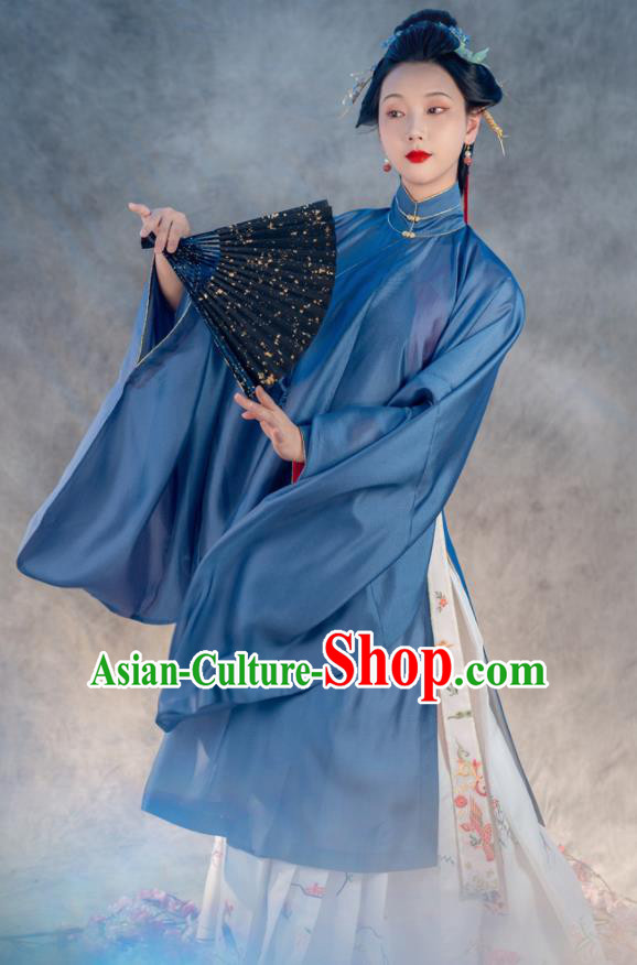 Traditional Chinese Ancient Princess Blue Embroidered Dress Ming Dynasty Taoist Nun Costumes for Women
