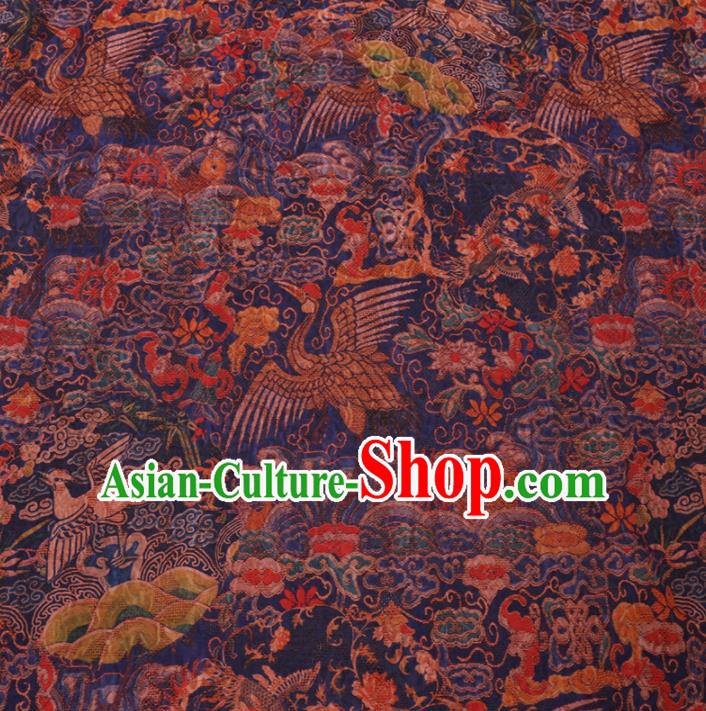 Asian Chinese Classical Cloud Crane Pattern Design Navy Watered Gauze Fabric Traditional Silk Material