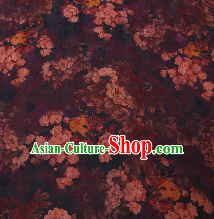 Asian Chinese Classical Peony Pattern Design Black Watered Gauze Fabric Traditional Silk Material