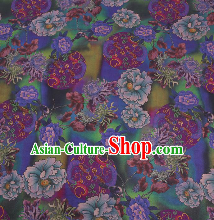 Chinese Cheongsam Classical Camellia Chrysanthemum Pattern Design Green Watered Gauze Fabric Asian Traditional Silk Material