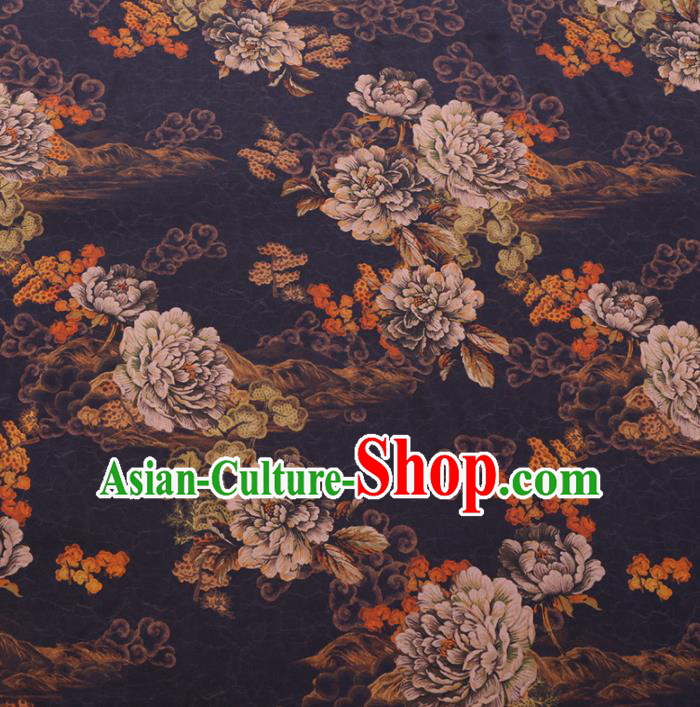 Chinese Cheongsam Classical Cloud Peony Pattern Design Black Watered Gauze Fabric Asian Traditional Silk Material