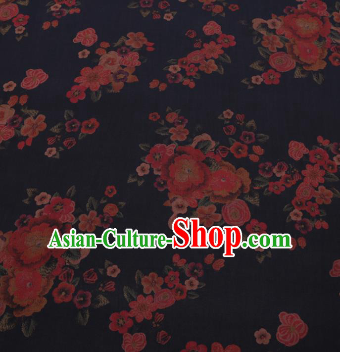 Chinese Cheongsam Classical Flowers Pattern Design Deep Blue Watered Gauze Fabric Asian Traditional Silk Material
