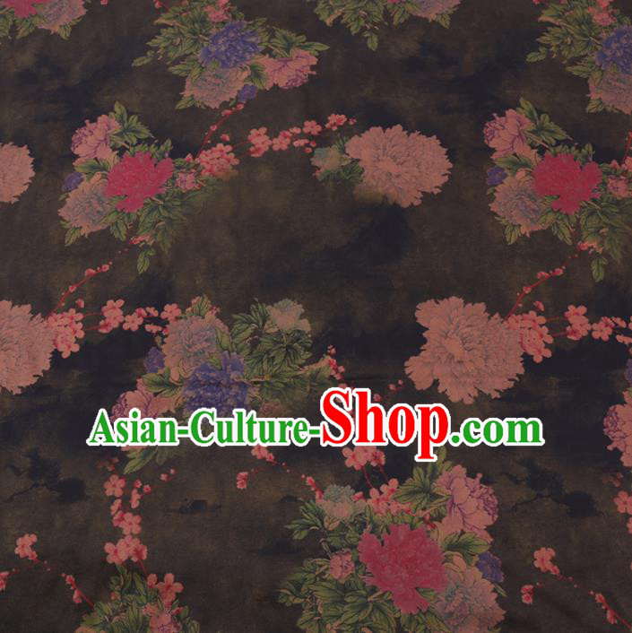 Chinese Cheongsam Classical Plum Peony Pattern Design Black Watered Gauze Fabric Asian Traditional Silk Material