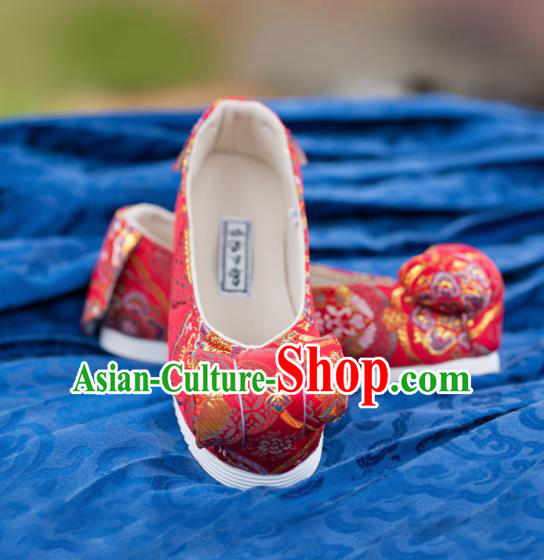 Chinese Traditional Red Brocade Bow Shoes Opera Shoes Hanfu Shoes Wedding Shoes for Women