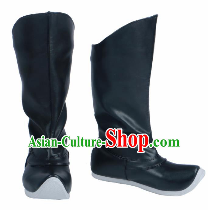 Chinese Traditional Ming Dynasty Black Leather Boots Handmade Hanfu Shoes Ancient Swordsman Shoes for Men