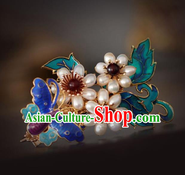 Chinese Handmade Ming Dynasty Princess Pearls Butterfly Hair Comb Hairpins Ancient Hanfu Hair Accessories for Women