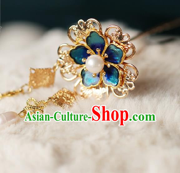 Chinese Handmade Ming Dynasty Princess Blue Plum Tassel Hairpins Ancient Hanfu Hair Accessories for Women