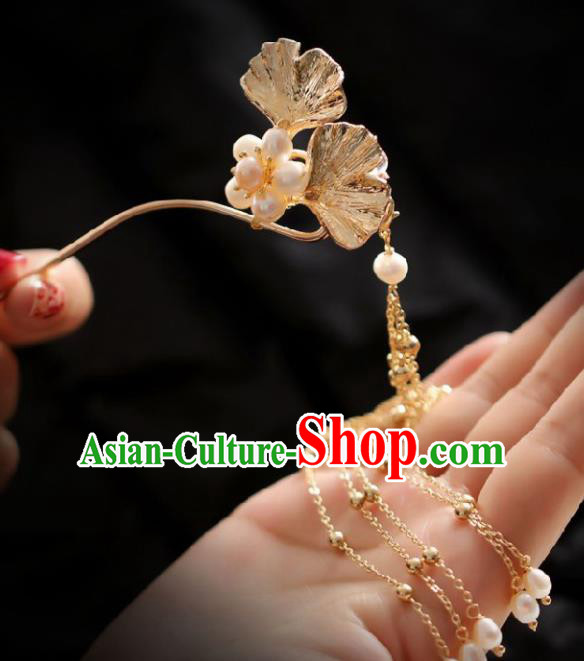 Chinese Handmade Ming Dynasty Queen Golden Ginkgo Leaf Tassel Hairpins Ancient Hanfu Hair Accessories for Women