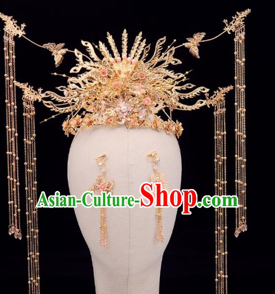 Chinese Traditional Wedding Pink Phoenix Hair Crown Handmade Bride Hair Accessories for Women